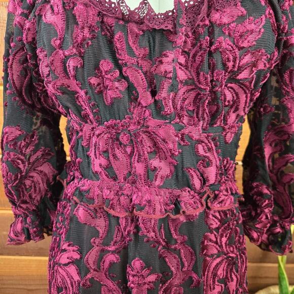 Lait Collection Women Floral Burn-Out Velvet Mini Dress M Puff Sleeve Whimsigoth - Picture 4 of 12